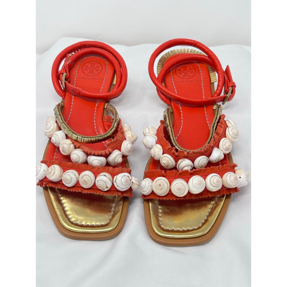 Tory Burch Shoes - Tory Burch Sinclair Seashell Ankle Wrap Sandals Red Leather Size 7 Flat